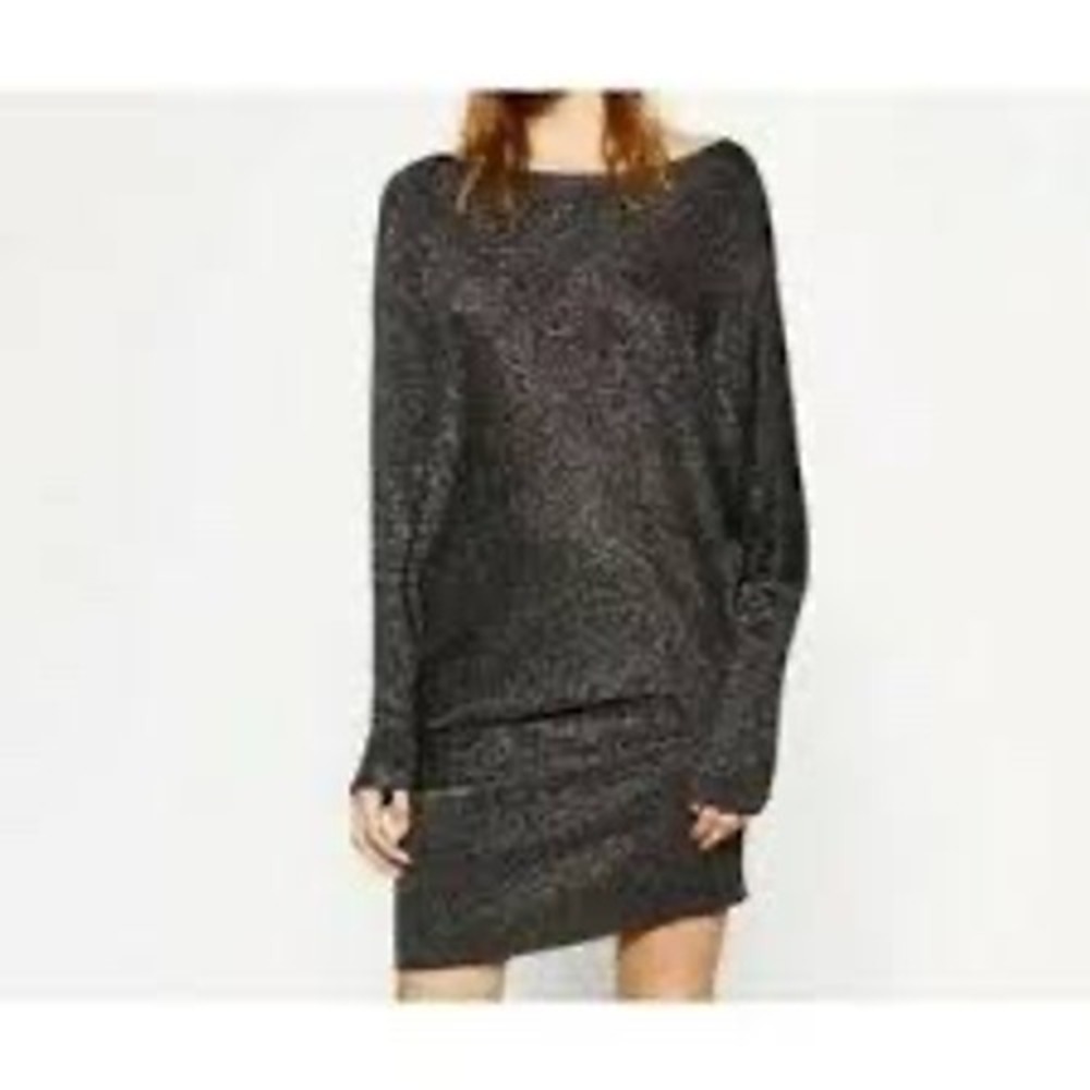 ZARA KNIT Sparkle Black Boat Neck Asymmetrical Sweater Dress‎ Size M